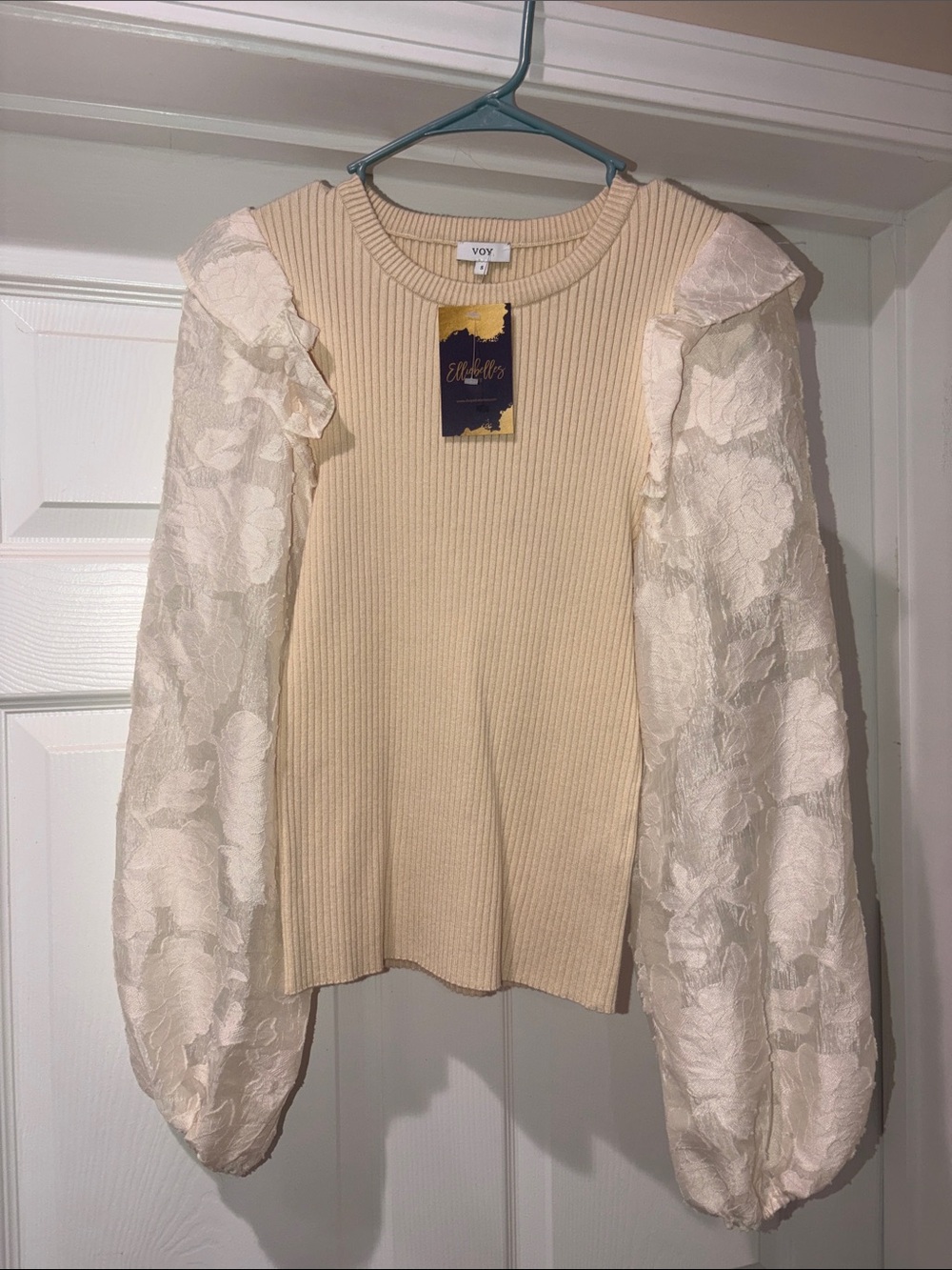 Voy Smokey Cream Ribbed Sweater with Sheer Floral Balloon Sleeves Size Small
